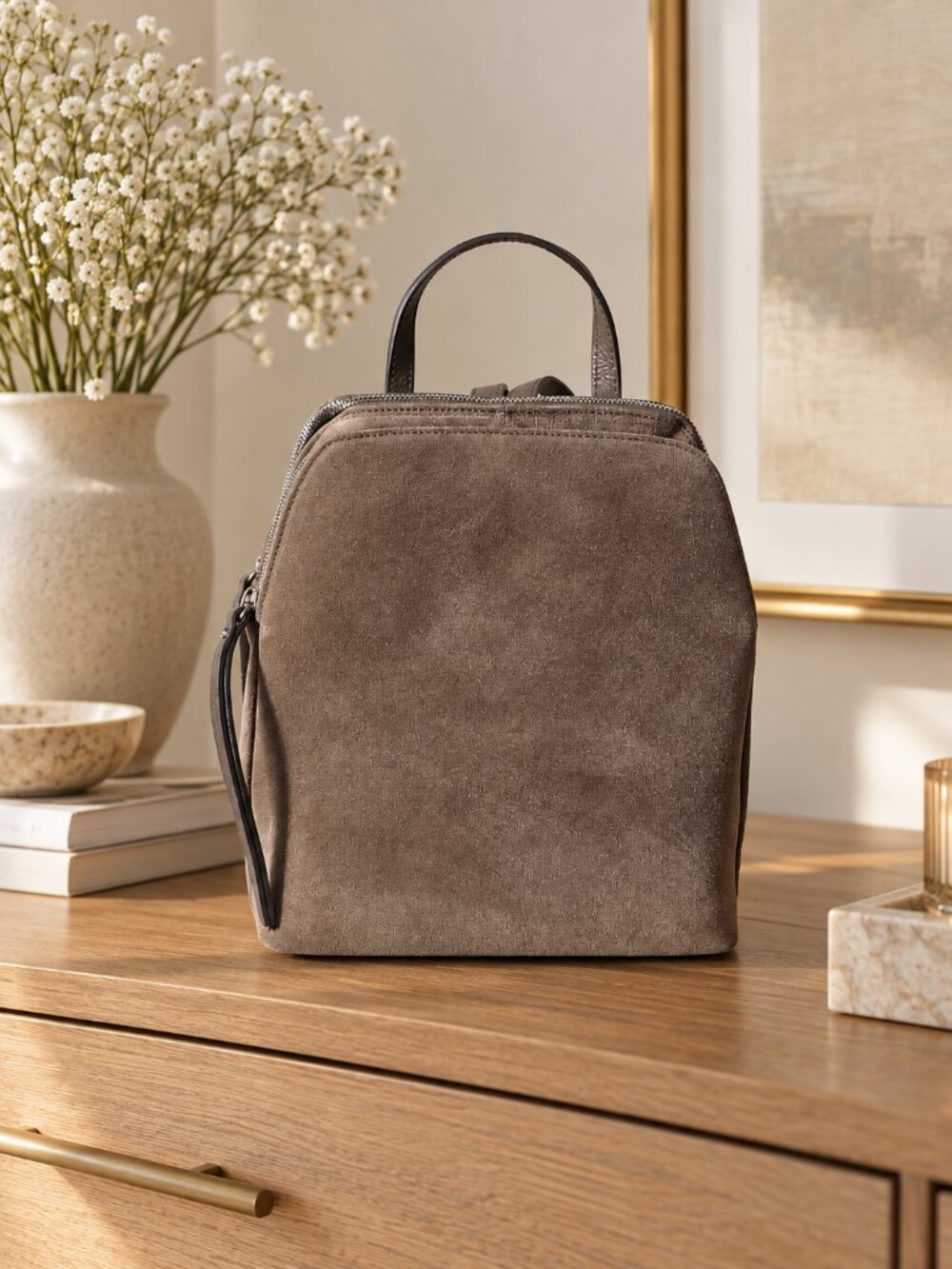 Taupe Suede Leather Backpack, Womens Italian Backpack, Medium Everyday Bag
